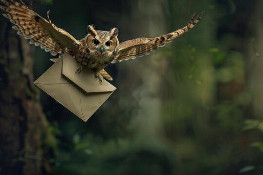 Owl is flying through a forest carrying an envelope in its talons