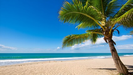 Obraz premium Photo of a single palm tree on a sandy beach with blue sky and ocean