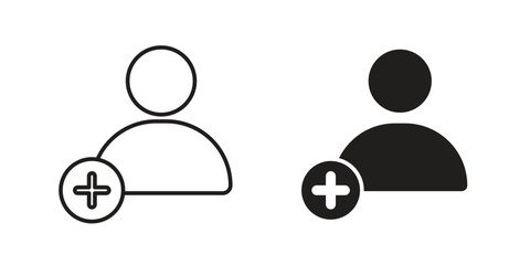 Simple add user icons, one line art, one solid, isolated on white. Perfect for websites and apps.