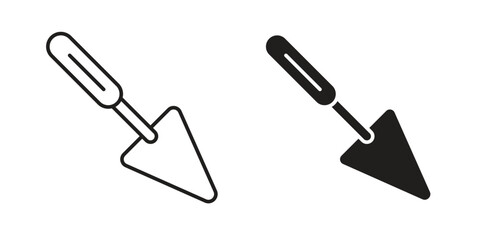Two simple line art and solid icons of a triangle trowel isolated on white.
