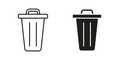 Two simple trash can icons: one line art, one solid black. Isolated on white.