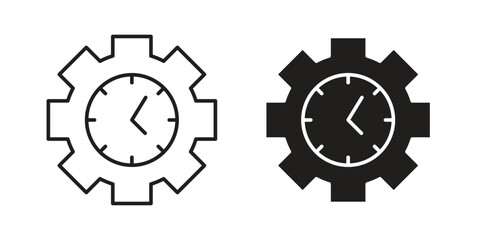 Two simple clock gear icons, one black and one line art, isolated on white.