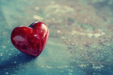Fototapeta premium Polished red heart shaped object resting on a marble surface, symbolizing love, affection, and romance