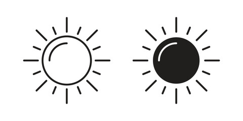Pair of simple sun icons, one filled and one outline, isolated on white. Perfect for weather apps or summer designs.