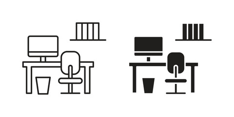 Two simple office workspace icons: one in line style, one solid. Includes desk, chair, computer, and shelf.