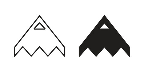 Two vector icons depicting a stealth fighter jet, one in line art style and the other in solid black, isolated on white.