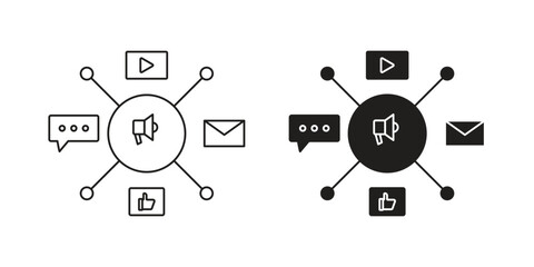 Illustration of a marketing strategy network with icons for email, video, social media, and more, isolated on white.