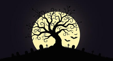 Illustration of spooky halloween tree silhouette against a full moon at night