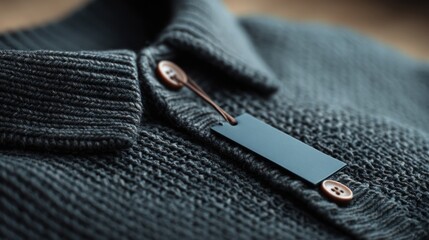 Closeup dark gray knitted sweater tag