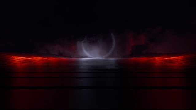 Dark smoky stage with glowing red lights and mysterious circle. 3D Rendering