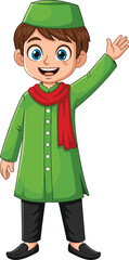 Cartoon character in green tunic with white buttons, black pants, red scarf, green hat, waving hand, traditional clothing vector illustration