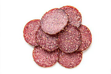 Obraz premium a pile of sliced sausages on a white surface