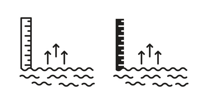 Simple vector illustration showing water level rising indicated by a ruler and upward arrows. Isolated on white.