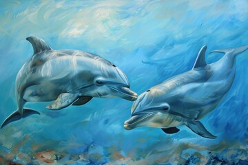 Obraz premium Two dolphins are swimming and playing together in clear blue ocean water near a coral reef