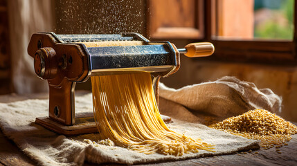 Fresh pasta being made with a classic machine for a delicious Italian meal