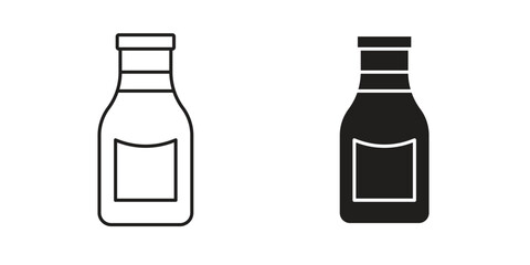 Two simple sauce bottle icons: one line art, one solid black. Perfect for packaging or app design.