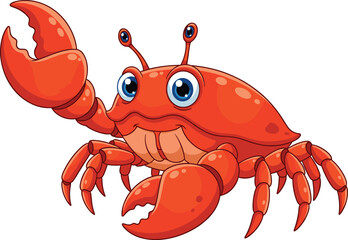 Cute cartoon red crab with blue eyes, smiling face, raised claw, vibrant red and orange shell, playful marine animal vector illustration