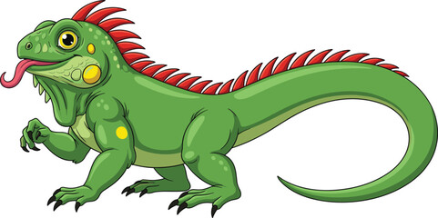Cartoon green iguana with long tail, red spines, yellow spots, large eyes, tongue out, perched reptile vector illustration in colorful animated style