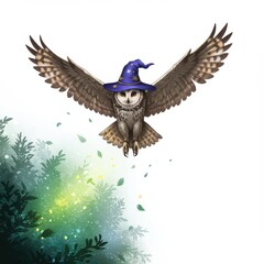 Naklejka premium Magical owl in wizard hat flying over glowing forest, fantasy bird character with outstretched wings for children's books, Halloween themes, enchanted wildlife art, and whimsical storytelling scenes