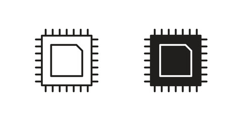 Two microchip icons, one line art and one solid black, isolated on a white background. Perfect for tech designs.