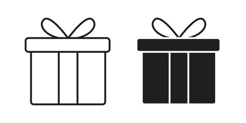 Two simple gift box icons, one line art and one solid black, isolated on white.