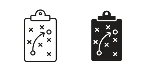 Line art and solid icon of a clipboard with a game strategy plan. Isolated on white.