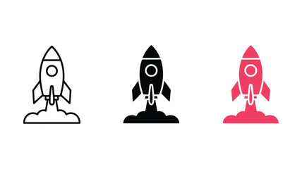 Three stylized rocket ship launch icons: line art, solid black, and vibrant red;  representing growth, innovation, and startup success;  perfect for website banners, app interfaces, and marketing mate