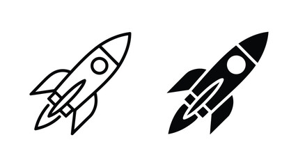 Vector art of two rocket icons, one outlined and one solid black, isolated on a, symbolizing space travel and innovation