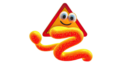 A vibrant, cartoonish gummy worm wrapping around a yellow caution triangle