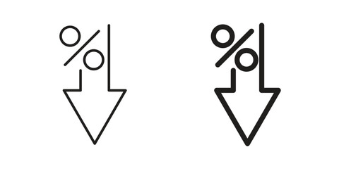 Two variations of a percentage symbol with a downward arrow, indicating a decrease or reduction. Isolated on white.