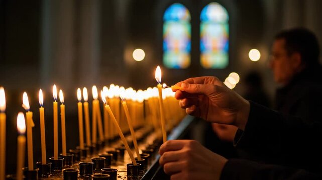 Lighting candles in church religious scene dark interior 4k video, ai generated