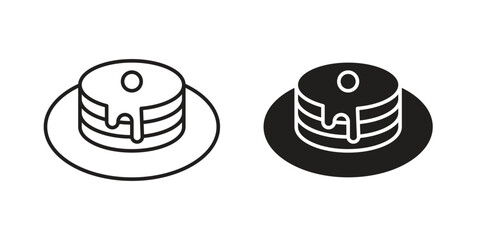 Two pancake icons: one line art, one solid. Both show a stack of pancakes with syrup. Isolated on white.