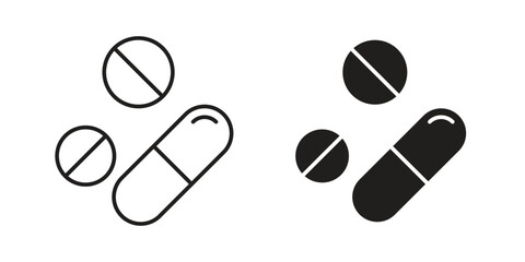 Simple line art and solid black icons of pills and capsules, isolated on white.