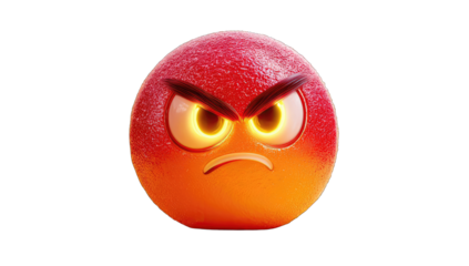 An angry emoticon, vibrant red and orange, against a black background. 3D rendered