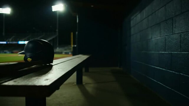 In a quiet empty baseball dugout at night a lone bat and helmet rest on the bench awaiting the next game.