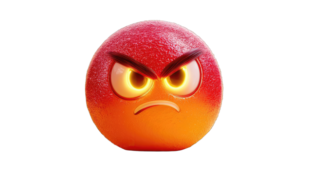 An angry emoticon, vibrant red and orange, against a black background.  3D rendered