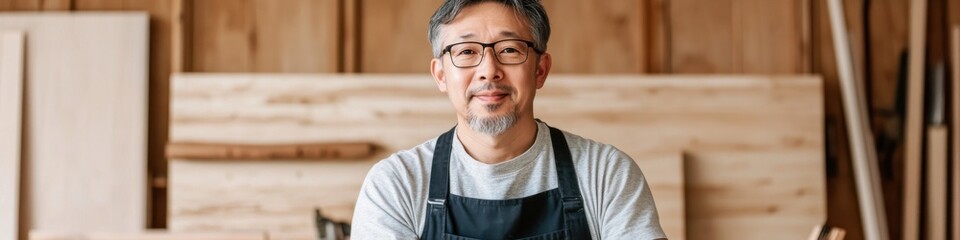 Middle-aged Asian male turner demonstrates craftsmanship with tools in a woodworking shop