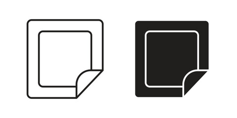 Pair of sticker icons, one line art, one solid black, both with a curled corner, isolated on white.