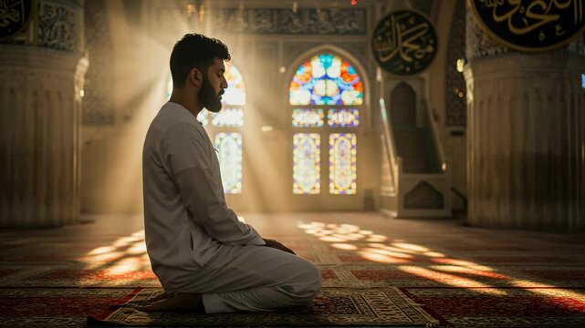 Muslim man praying inside mosque with light rays 4k video, ai generated