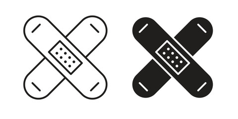 Illustration of two adhesive bandages crossed, one black and one white, isolated on white.