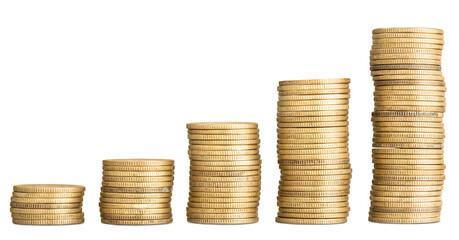 Golden coins stacked forming a raising chart isolated on white background. Copy space