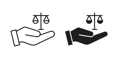 Two variations of a hand holding scales of justice icon, isolated on white. Line art and solid black versions.