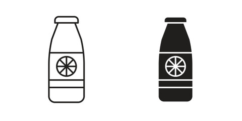 Two simple juice bottle icons, one line art and one solid black, both featuring an orange slice label. Isolated on white.