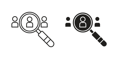 Two variations of a magnifying glass icon focusing on a single person within a group, isolated on white.
