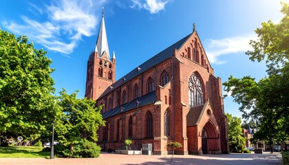Sunny day view of a brick church