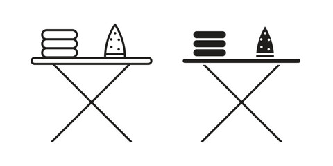 Line art illustration of two ironing boards, one with a stack of clothes and an iron, isolated on white.