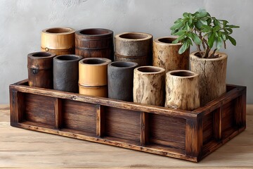 Fototapeta premium Wooden storage tray with natural cups high resolution picture