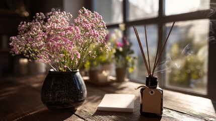 Pink flowers and room fragrance diffuser on wooden table