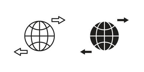 Two simple global network icons, one outlined and one filled, with left and right arrows indicating data transfer.