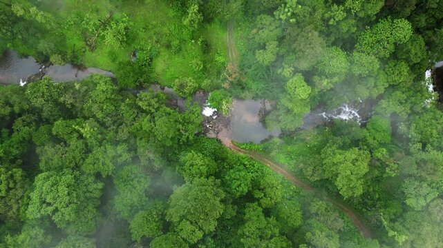 Top-down drone view of hidden natural pool at 900 Kandi, Wayanad, India. Tropical forest canopy and thick monsoon fog cover the area, giving it a mysterious look.